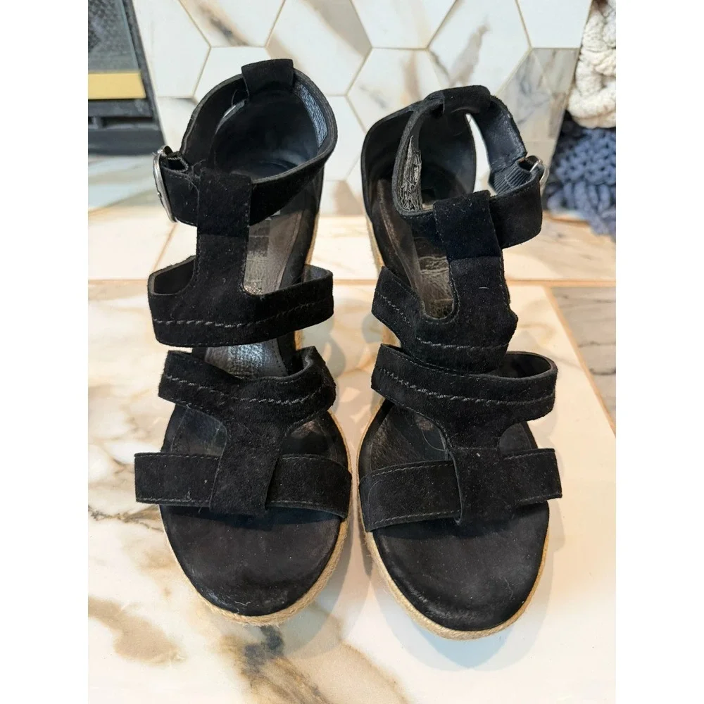 UGG Lucianna Wedge Sandals Womens 9.5 Black Suede Espadrille Platform Strappy